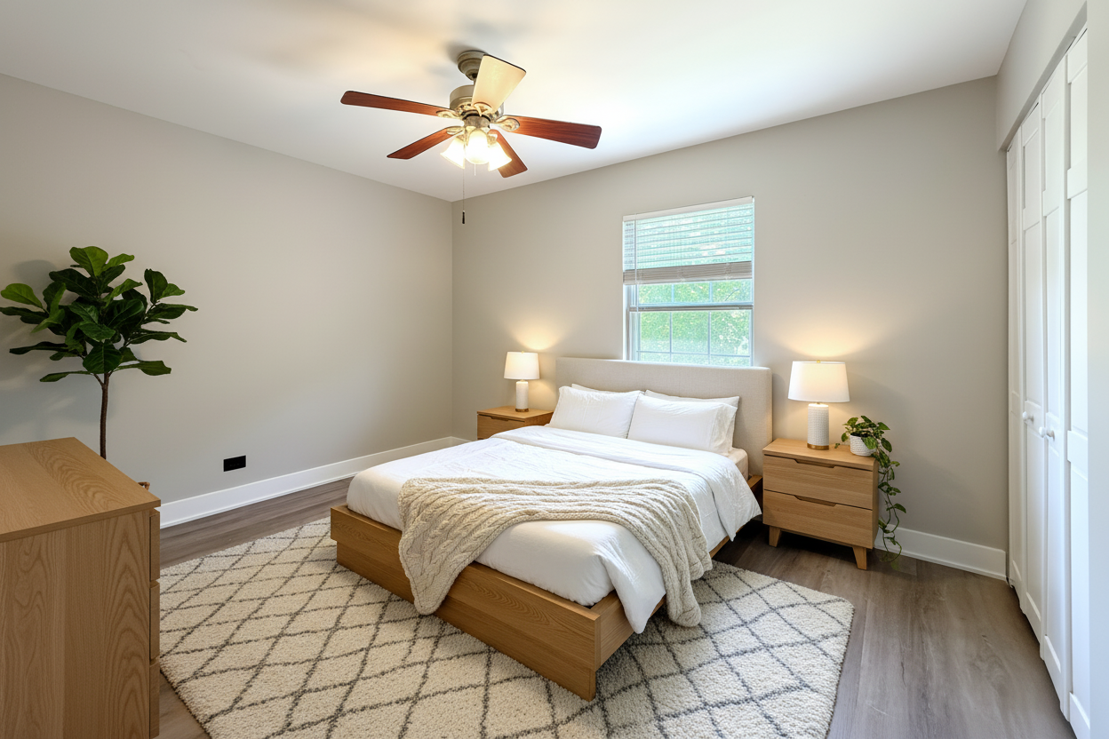 Primary bedroom with natural light and ceiling fan