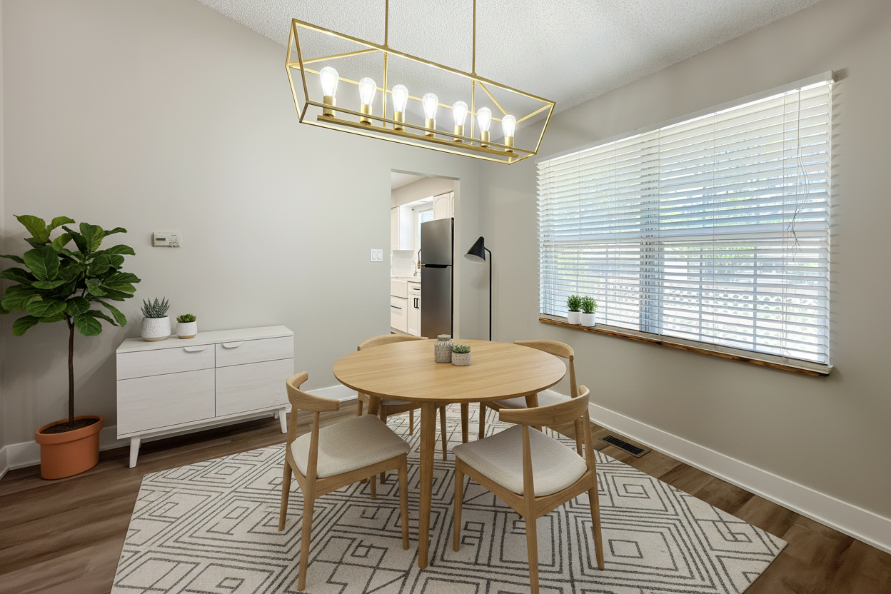 Dining room with modern gold chandelier and cathedral ceiling