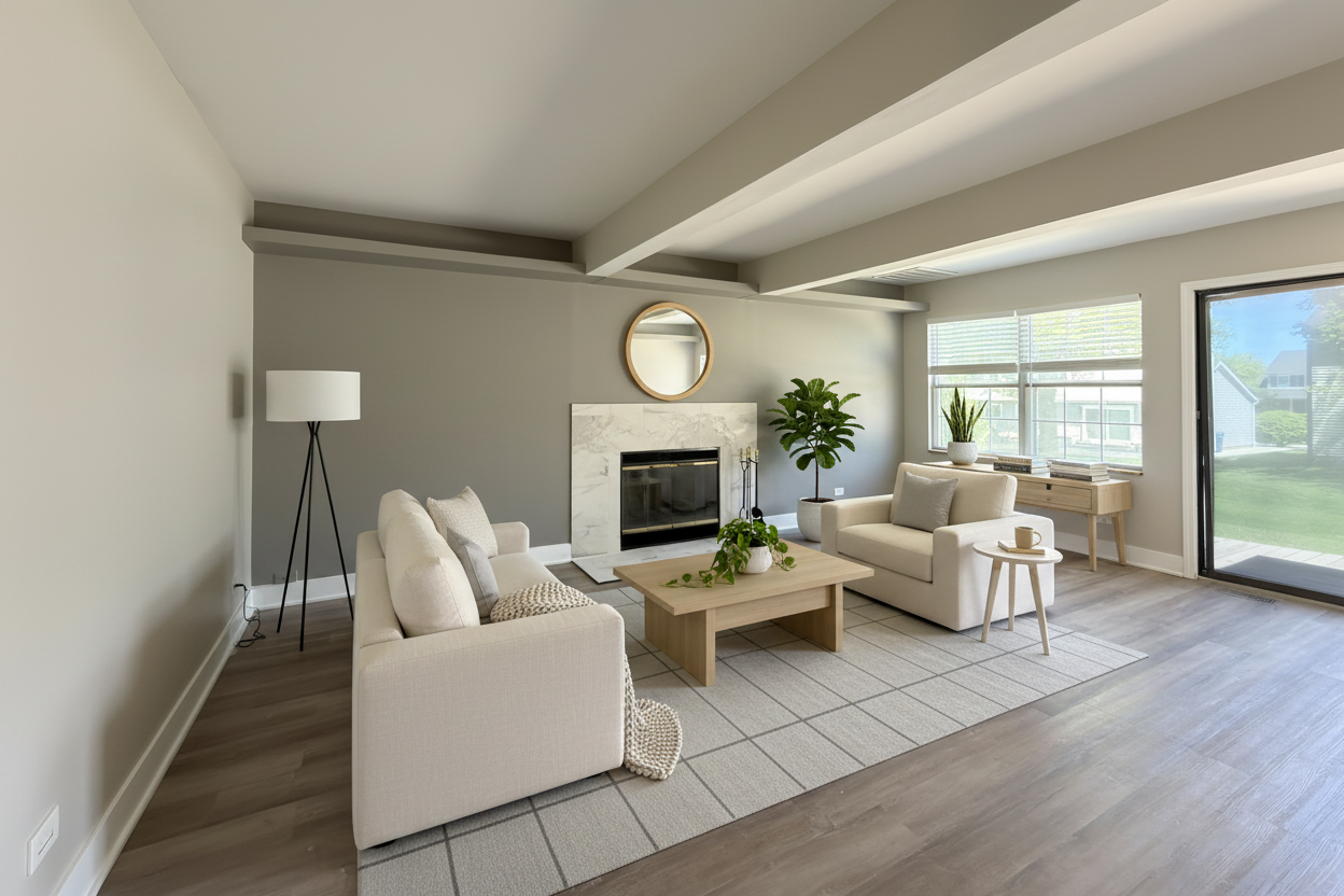 Spacious family room with wood-burning fireplace and beamed ceiling