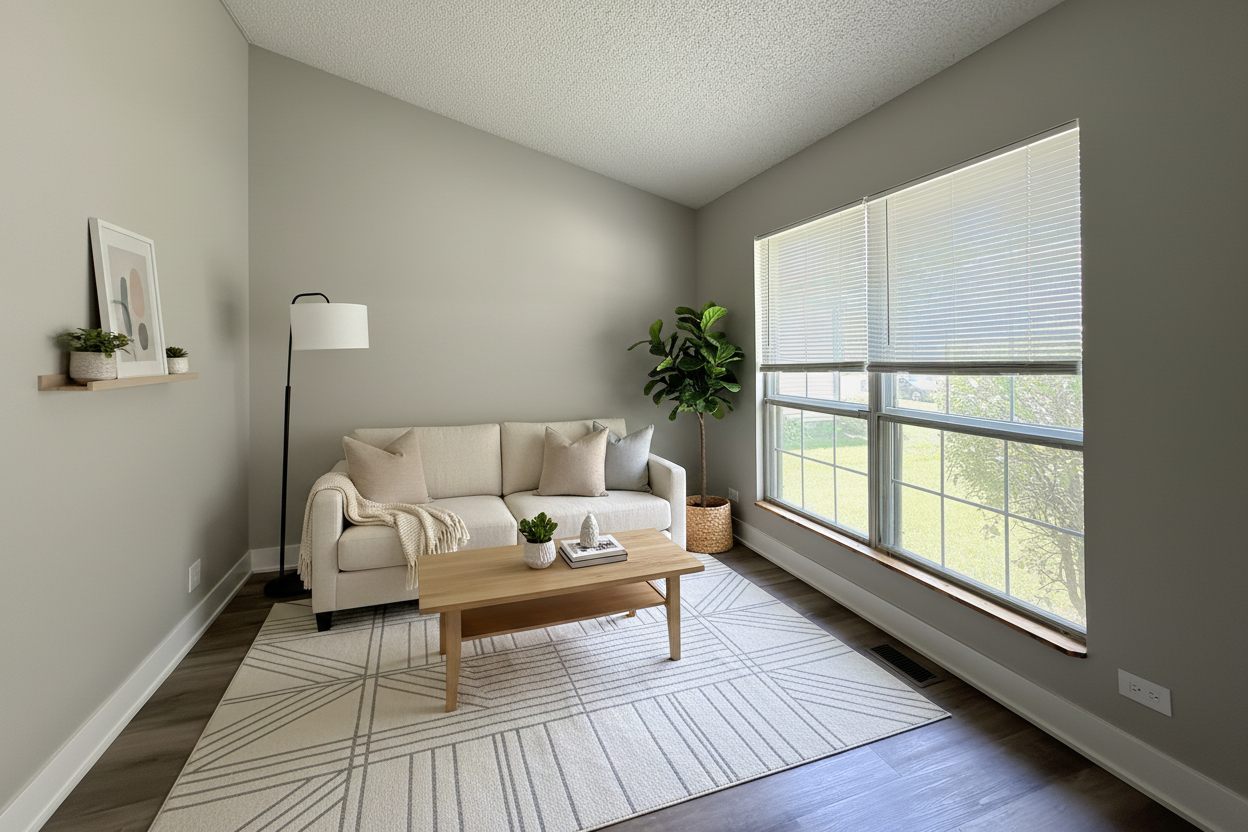 Bright living room with large window and neutral palette
